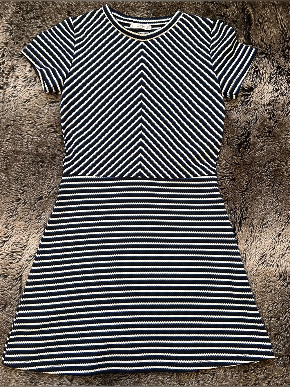 Mango Striped Navy and White Fit-and-Flare Dress